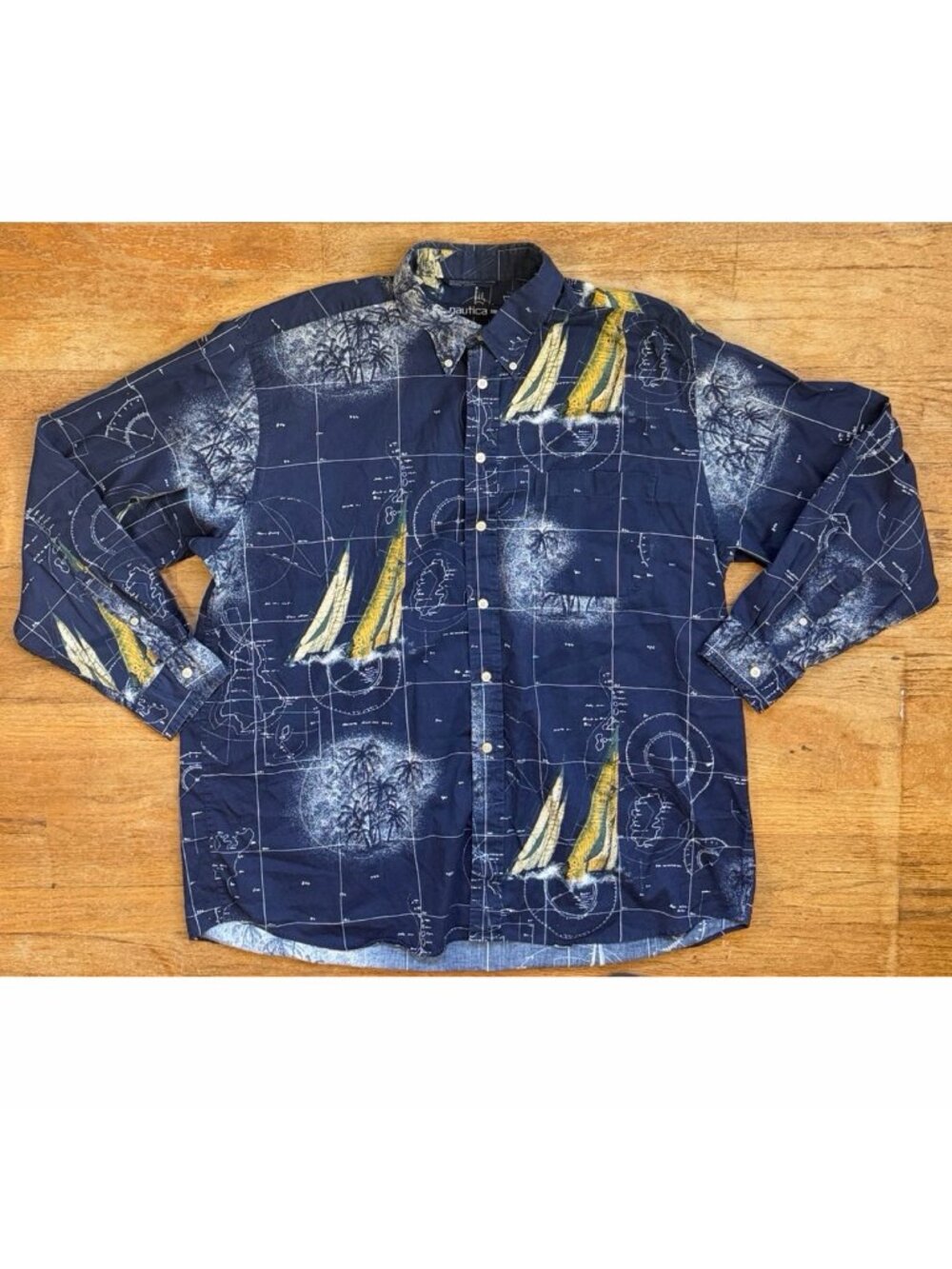 Vintage Mens Sailboat Atlas Palm Tree Print Shirt Size XXL 90s Nautica Cotton